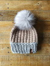 Load image into Gallery viewer, Lemon Tree Lane Adult Luxury Peruvian Wool &quot;Arlo&quot; Beanie | Peanut with Silver Fog Brim--with XL Silver Faux-Fur Pom Pom