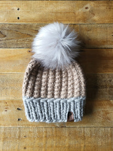 Lemon Tree Lane Adult Luxury Peruvian Wool "Arlo" Beanie | Peanut with Silver Fog Brim--with XL Silver Faux-Fur Pom Pom