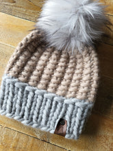 Load image into Gallery viewer, Lemon Tree Lane Adult Luxury Peruvian Wool &quot;Arlo&quot; Beanie | Peanut with Silver Fog Brim--with XL Silver Faux-Fur Pom Pom