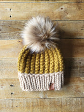 Load image into Gallery viewer, Lemon Tree Lane Adult Luxury Peruvian Wool &quot;Arlo&quot; Beanie | Goldenrod with Sand Brim--with &quot;Blonde&quot; Faux-Fur Pom Pom