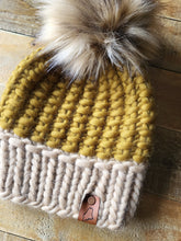 Load image into Gallery viewer, Lemon Tree Lane Adult Luxury Peruvian Wool &quot;Arlo&quot; Beanie | Goldenrod with Sand Brim--with &quot;Blonde&quot; Faux-Fur Pom Pom