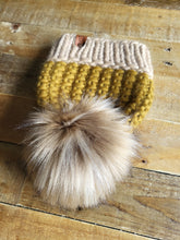 Load image into Gallery viewer, Lemon Tree Lane Adult Luxury Peruvian Wool &quot;Arlo&quot; Beanie | Goldenrod with Sand Brim--with &quot;Blonde&quot; Faux-Fur Pom Pom