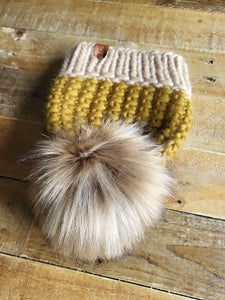 Lemon Tree Lane Adult Luxury Peruvian Wool "Arlo" Beanie | Goldenrod with Sand Brim--with "Blonde" Faux-Fur Pom Pom