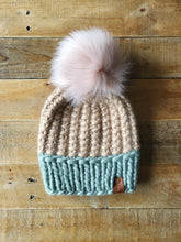 Load image into Gallery viewer, Lemon Tree Lane Adult Luxury Peruvian Wool &quot;Arlo&quot; Beanie | Peanut with Spring Green Brim--with &quot;Barely Blush&quot; Faux-Fur Pom Pom