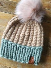 Load image into Gallery viewer, Lemon Tree Lane Adult Luxury Peruvian Wool &quot;Arlo&quot; Beanie | Peanut with Spring Green Brim--with &quot;Barely Blush&quot; Faux-Fur Pom Pom