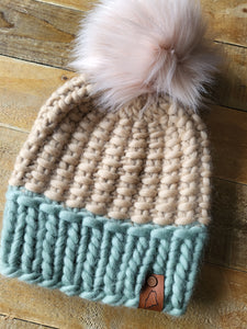 Lemon Tree Lane Adult Luxury Peruvian Wool "Arlo" Beanie | Peanut with Spring Green Brim--with "Barely Blush" Faux-Fur Pom Pom