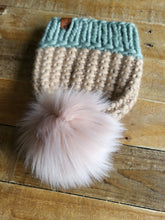 Load image into Gallery viewer, Lemon Tree Lane Adult Luxury Peruvian Wool &quot;Arlo&quot; Beanie | Peanut with Spring Green Brim--with &quot;Barely Blush&quot; Faux-Fur Pom Pom