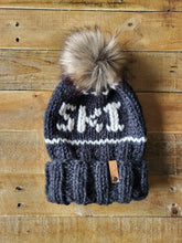 Load image into Gallery viewer, Lemon Tree Lane Adult Slouchy &quot;Ski&quot; Beanie | Charcoal Grey Foldover Brim with &quot;Wolf&quot; Faux Fur Pom Pom