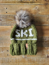 Load image into Gallery viewer, Lemon Tree Lane Adult Slouchy &quot;Ski&quot; Beanie | Olive Green Foldover Brim with &quot;Wolf&quot; Faux Fur Pom Pom