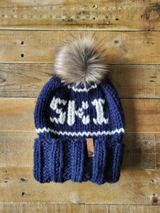 Lemon Tree Lane Adult Slouchy "Ski" Beanie | Navy Blue Foldover Brim with "Wolf" Faux Fur Pom Pom