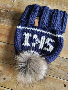 Lemon Tree Lane Adult Slouchy "Ski" Beanie | Navy Blue Foldover Brim with "Wolf" Faux Fur Pom Pom