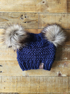 Lemon Tree Lane Youth 4-8 Years Double Pom Beanie | Navy Blue with Double Coyote Faux-Fur Pom Poms