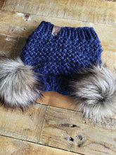 Load image into Gallery viewer, Lemon Tree Lane Youth 4-8 Years Double Pom Beanie | Navy Blue with Double Coyote Faux-Fur Pom Poms