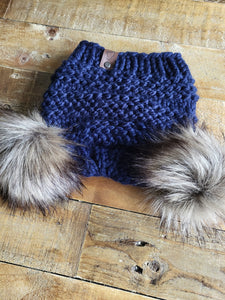 Lemon Tree Lane Youth 4-8 Years Double Pom Beanie | Navy Blue with Double Coyote Faux-Fur Pom Poms