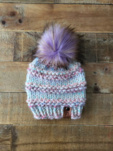 Load image into Gallery viewer, Lemon Tree Lane Baby Beanie 6-18 Months | Pastel Carousel with Lavender and Gold Faux-Fur Pom Pom
