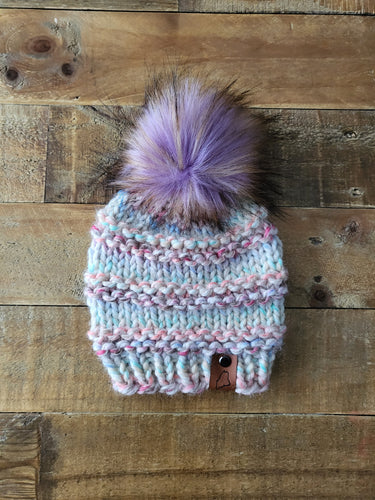 Lemon Tree Lane Baby Beanie 6-18 Months | Pastel Carousel with Lavender and Gold Faux-Fur Pom Pom