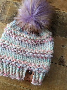 Lemon Tree Lane Baby Beanie 6-18 Months | Pastel Carousel with Lavender and Gold Faux-Fur Pom Pom