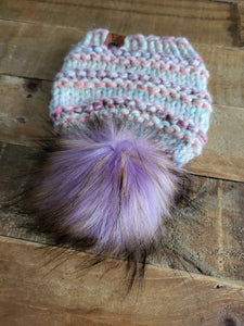 Lemon Tree Lane Baby Beanie 6-18 Months | Pastel Carousel with Lavender and Gold Faux-Fur Pom Pom