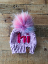 Load image into Gallery viewer, Lemon Tree Lane Baby Beanie 6-18 Months | Pink Beanie with Hot Pink &quot;Hi&quot; accent and XL Rainbow Faux Fur Pom Pom