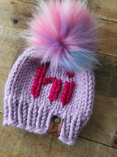 Load image into Gallery viewer, Lemon Tree Lane Baby Beanie 6-18 Months | Pink Beanie with Hot Pink &quot;Hi&quot; accent and XL Rainbow Faux Fur Pom Pom