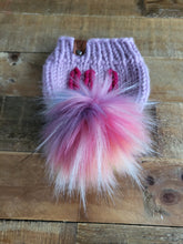 Load image into Gallery viewer, Lemon Tree Lane Baby Beanie 6-18 Months | Pink Beanie with Hot Pink &quot;Hi&quot; accent and XL Rainbow Faux Fur Pom Pom