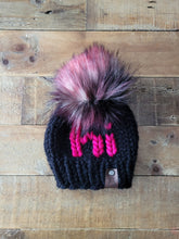 Load image into Gallery viewer, Lemon Tree Lane Baby Beanie 6-12 Months | Black Beanie with Hot Pink &quot;Hi&quot; accent and Multicolor Faux Fur Pom Pom