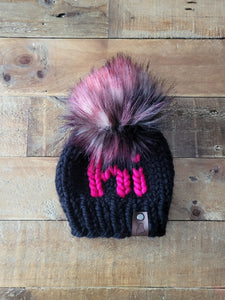 Lemon Tree Lane Baby Beanie 6-12 Months | Black Beanie with Hot Pink "Hi" accent and Multicolor Faux Fur Pom Pom