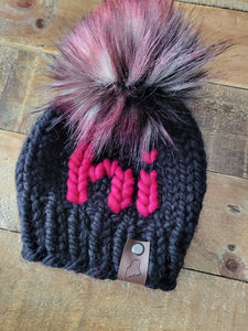 Lemon Tree Lane Baby Beanie 6-12 Months | Black Beanie with Hot Pink "Hi" accent and Multicolor Faux Fur Pom Pom