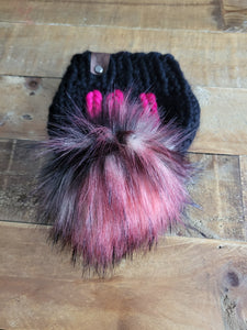 Lemon Tree Lane Baby Beanie 6-12 Months | Black Beanie with Hot Pink "Hi" accent and Multicolor Faux Fur Pom Pom