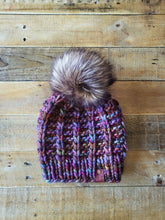 Load image into Gallery viewer, Lemon Tree Lane Adult Luxury Kettle-Dyed Malabrigo Merino Wool "Rain Chain" Beanie | "Diana" colorway with Oversized Spotted Brown Faux-Fur Pom Pom