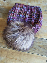 Load image into Gallery viewer, Lemon Tree Lane Adult Luxury Kettle-Dyed Malabrigo Merino Wool "Rain Chain" Beanie | "Diana" colorway with Oversized Spotted Brown Faux-Fur Pom Pom