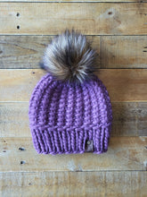 Load image into Gallery viewer, Lemon Tree Lane Adult Luxury Peruvian Wool &quot;Arlo&quot; Beanie | Deep Lavender with Dark Brown Faux-Fur Pom Pom