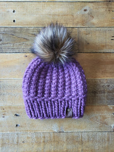 Lemon Tree Lane Adult Luxury Peruvian Wool "Arlo" Beanie | Deep Lavender with Dark Brown Faux-Fur Pom Pom