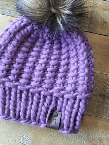 Lemon Tree Lane Adult Luxury Peruvian Wool "Arlo" Beanie | Deep Lavender with Dark Brown Faux-Fur Pom Pom