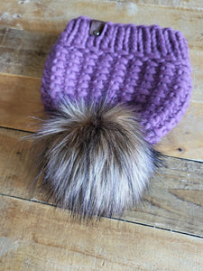 Lemon Tree Lane Adult Luxury Peruvian Wool "Arlo" Beanie | Deep Lavender with Dark Brown Faux-Fur Pom Pom