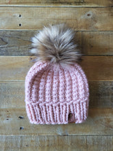Load image into Gallery viewer, Lemon Tree Lane Adult Luxury Peruvian Wool &quot;Arlo&quot; Beanie | Baby Pink with &quot;Spotted Blonde&quot; Faux-Fur Pom Pom