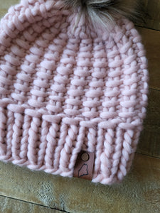 Lemon Tree Lane Adult Luxury Peruvian Wool "Arlo" Beanie | Baby Pink with "Spotted Blonde" Faux-Fur Pom Pom