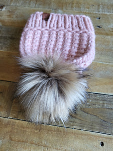 Lemon Tree Lane Adult Luxury Peruvian Wool "Arlo" Beanie | Baby Pink with "Spotted Blonde" Faux-Fur Pom Pom