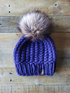 Lemon Tree Lane Adult Luxury Peruvian Wool "Arlo" Beanie | Vivid Violet with "Lynx" Faux-Fur Pom Pom