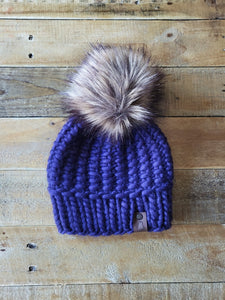 Lemon Tree Lane Youth 4-8 Years Luxury Peruvian Wool "Arlo" Beanie | "Vivid Violet" with Spotted Brown Faux-Fur Pom Pom