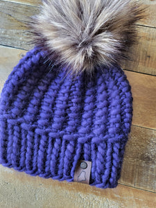 Lemon Tree Lane Youth 4-8 Years Luxury Peruvian Wool "Arlo" Beanie | "Vivid Violet" with Spotted Brown Faux-Fur Pom Pom