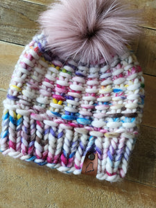 Lemon Tree Lane Adult Luxury Peruvian Wool "Arlo" Beanie | "Handpainted Sprinkle" with Dusty Rose Faux-Fur Pom Pom