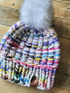 Lemon Tree Lane Adult Luxury Peruvian Wool "Arlo" Beanie | "Handpainted Sprinkle" with Snowball Sparkle Faux-Fur Pom Pom