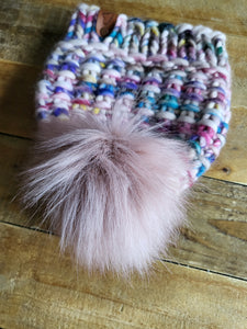 Lemon Tree Lane Youth 4-8 Years Luxury Peruvian Wool "Arlo" Beanie | "Handpainted Sprinkle" with Dusty Rose Faux-Fur Pom Pom