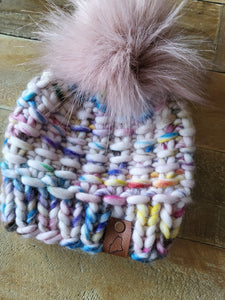 Lemon Tree Lane Toddler 1-3 Years Luxury Peruvian Wool "Arlo" Beanie | "Handpainted Sprinkle" with Dusty Rose Faux-Fur Pom Pom