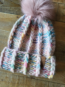 Lemon Tree Lane Adult Luxury Peruvian Wool "Chain Me" Beanie | "Yarnicorn" with "Dusty Rose" Faux-Fur Pom Pom