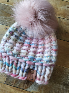 Lemon Tree Lane Toddler 1-3 Years Luxury Peruvian Wool "Arlo" Beanie | "Yarnicorn" with Dusty Rose Faux-Fur Pom Pom