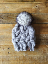 Load image into Gallery viewer, Lemon Tree Lane Adult Braided Cable Beanie  | Icy Blue-Grey with Colorblast Faux-Fur Pom Pom