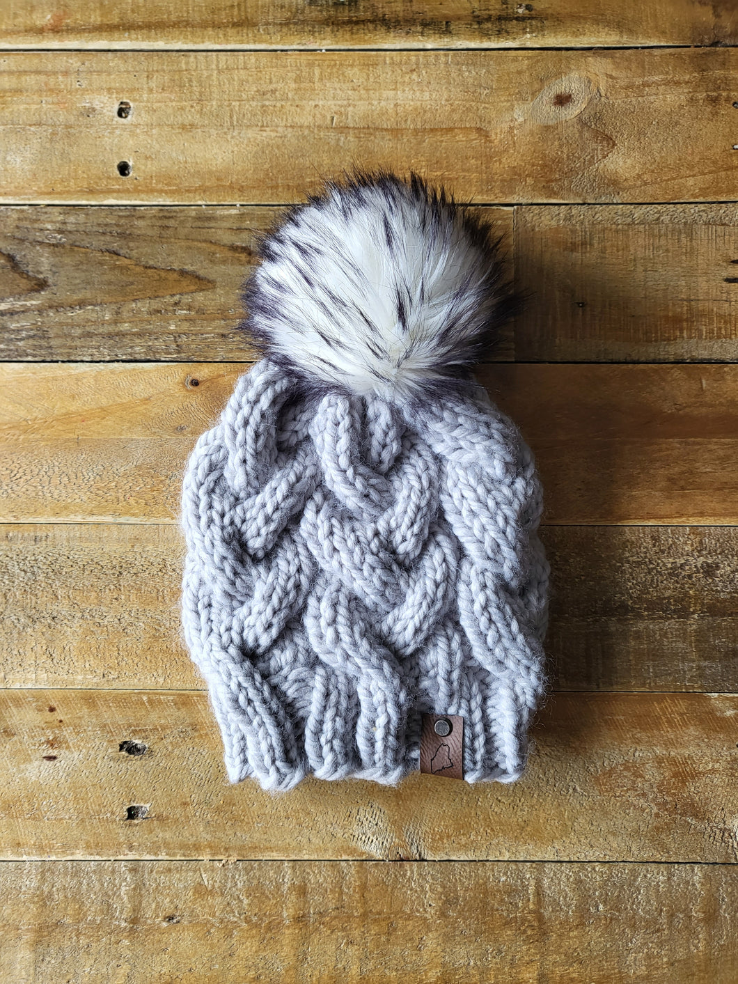 Lemon Tree Lane Adult Braided Cable Beanie  | Icy Blue-Grey with Colorblast Faux-Fur Pom Pom