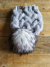 Load image into Gallery viewer, Lemon Tree Lane Adult Braided Cable Beanie  | Icy Blue-Grey with Colorblast Faux-Fur Pom Pom